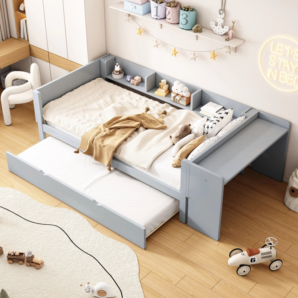 LETTO 90x200 cm con letto estraibile, scrivania e 3 ripiani laterali Grigio