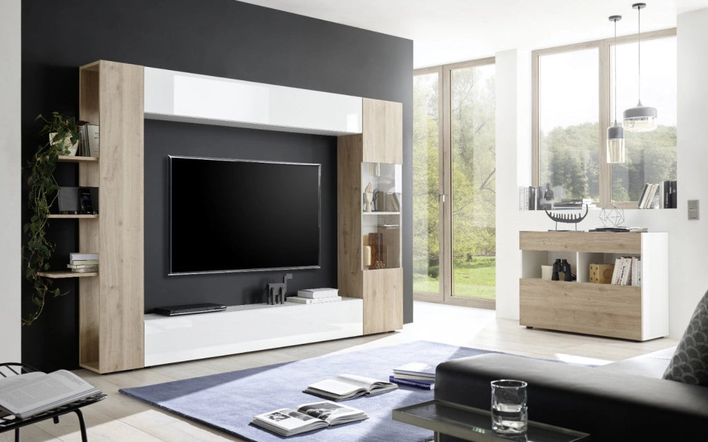 Credenza Mobile Soggiorno 1 Anta 2 Vani 111x42x82 cm TFT Akira Bianco e Naturale