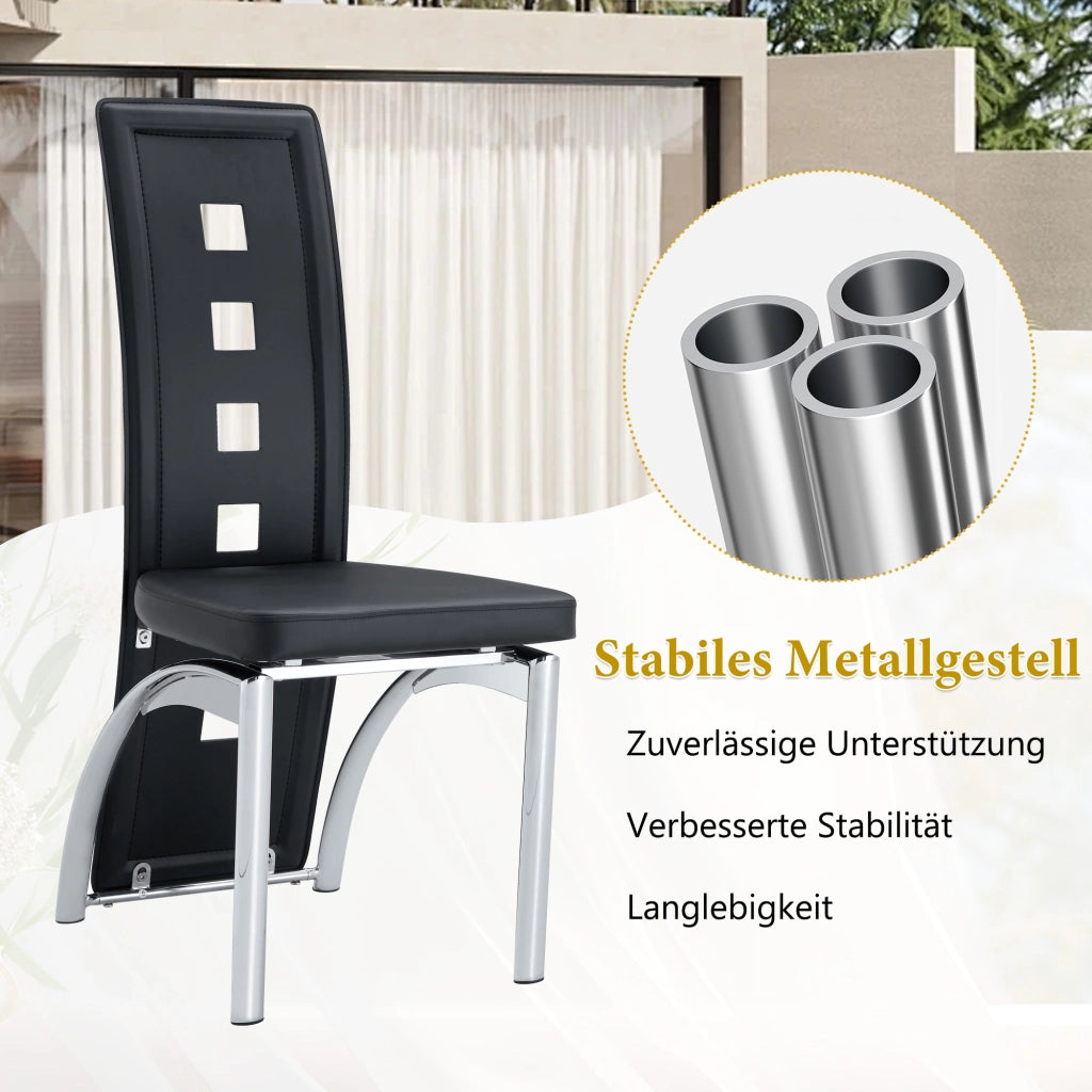 [Set di 2] Sedie da pranzo di design europeo con motivo traforato, in similpelle nera e gambe in metallo color argento, altezza 102,5 cm, ideali per s