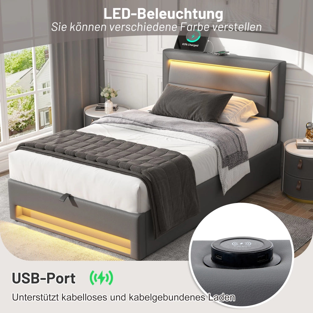 LETTO Imbottito 160x190 cm PU Grigio con USB, LED e contenitore