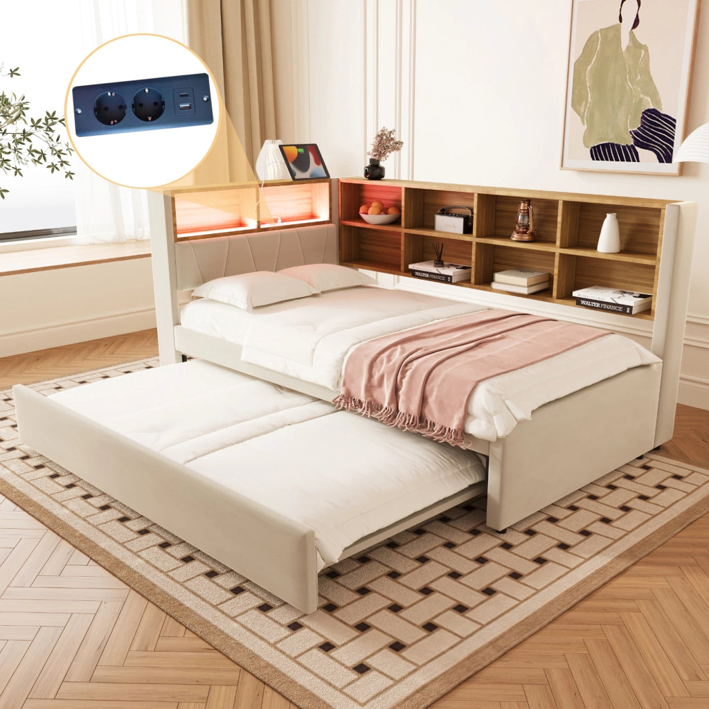 LETTO a scomparsa 90x200 cm Beige con LED e prese