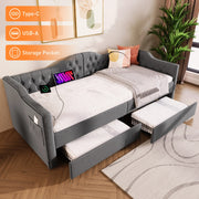 Letto a giorno imbottito con testiera trapuntata; 2 cassetti; porta USB/Tipo-C e tasche laterali; lino grigio; 90x200 cm; senza materasso