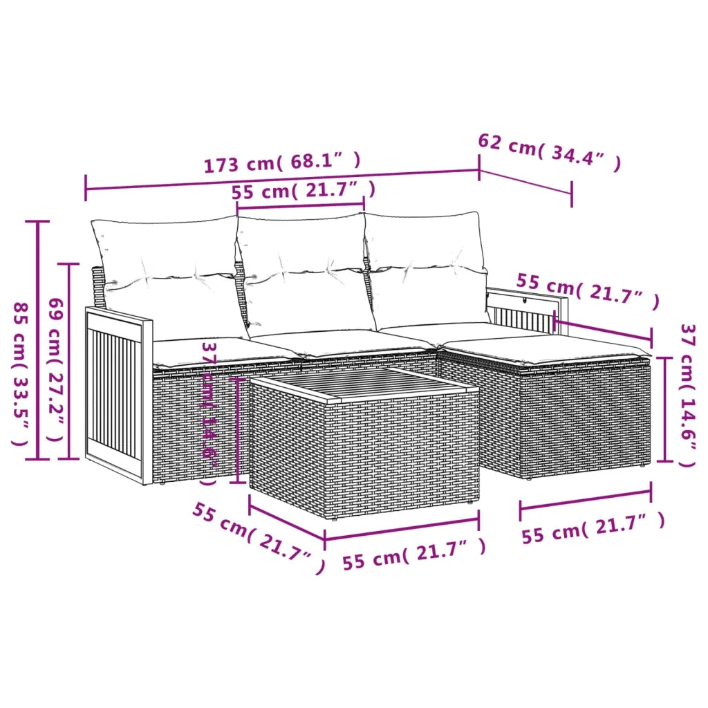 Set Divani da Giardino 5 pz con Cuscini in Polyrattan Nero 3259991