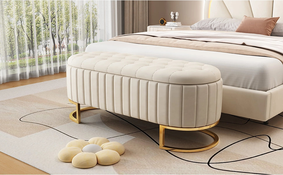 Sgabello riporto 120x40 cm rivestito in velluto beige panca con spazio riporto per divano e camera da letto