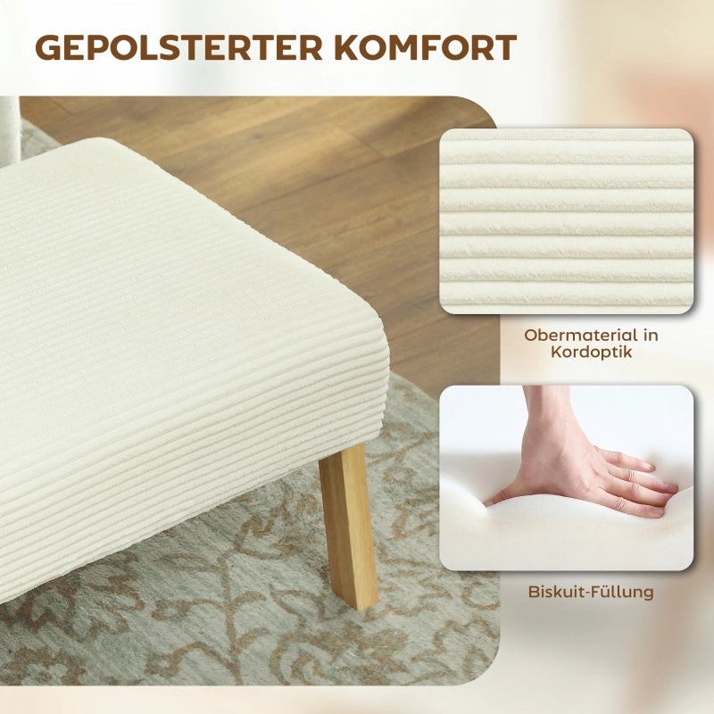 Poggiapiedi con morbido cuscino di seduta, gambe in legno, effetto velluto a coste, bianco crema