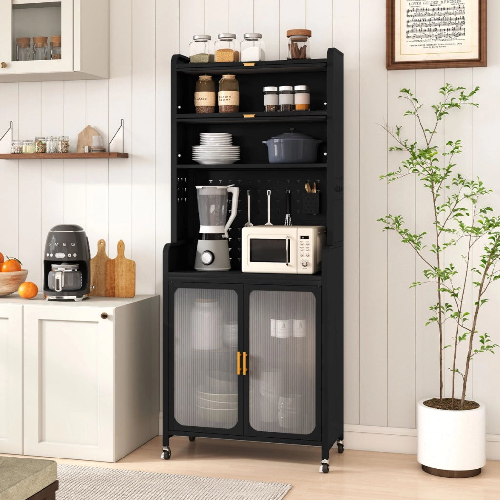 Mobile autonomo in metallo per angolo caff¨¨ con ampio piano di lavoro, Armadio cucina per sala da pranzo Nero-Credenze buffet