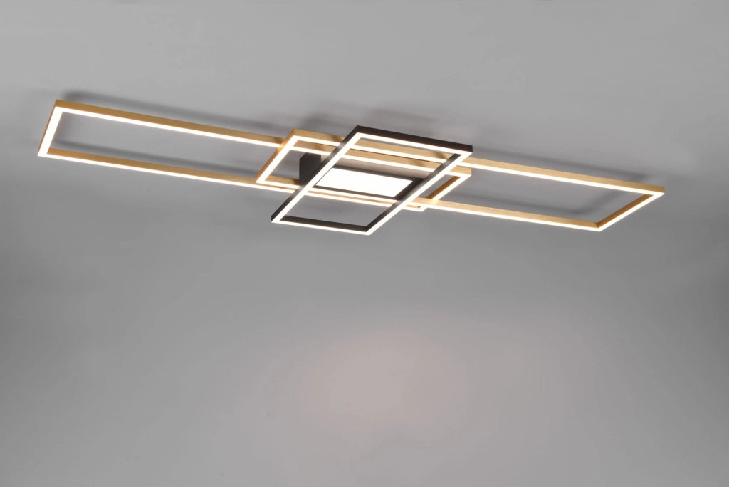 IRVINE PLAFONIERA LED 60W 7100lm, 3000 - 6500K 3 RETTANGOLI OTTONE E NERO CON LUCE CENTRALE CON TELECOMANDO MULTIFUNZIONE REGOLAZIONE INTENSITA' E TEMPERATURA DI COLORE DELLA LUCE L.105CM