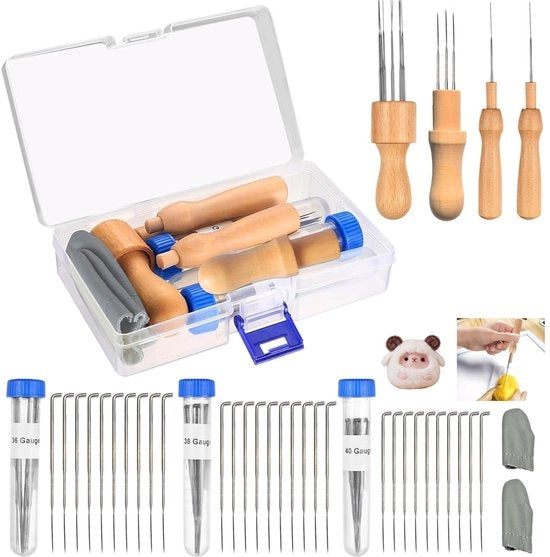 Set di 41 Aghi per Vilten - Aghi per Vilten per la Pelle - Manico in Legno - Pile di Veltro - Adatto per Principianti/Professionisti - Ideale per Creazioni - Set di Aghi e Pile per Vilten