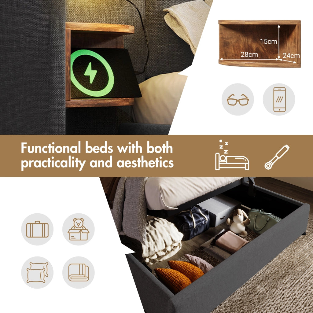 DESMIU Letto Contenitore Letto Matrimoniale 180 × 200 cm con ripiani, USB, Type-C e lampada da lettura, senza materasso