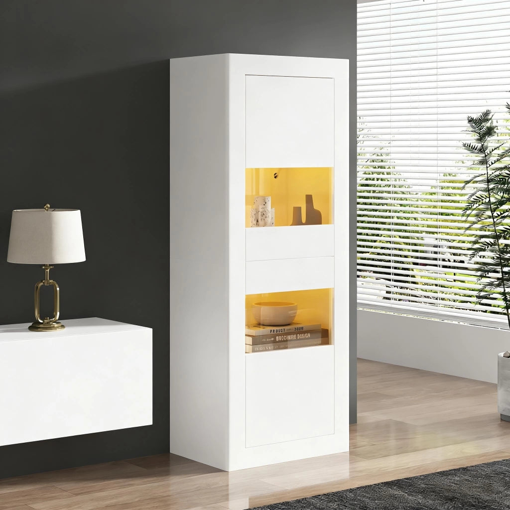 Vetrina con 2 ante e 4 vani con ripiani regolabili in vetro e LED per soggiorno o sala da pranzo 61×42×162 cm