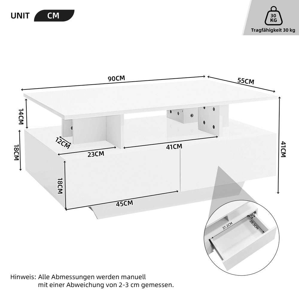 Tavolino da Caff¨¨ con LED e 2 Cassetti ¨C Xylo ¨C Bianco Lucido 90x55x41 cm