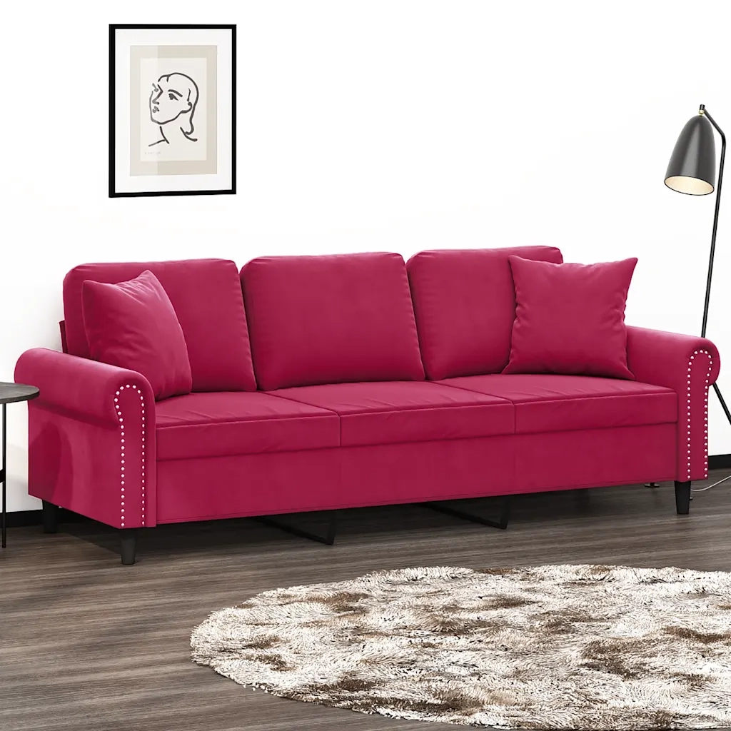 Divano a 3 Posti con Cuscini Rosso Vino 180 cm in Velluto 3200959
