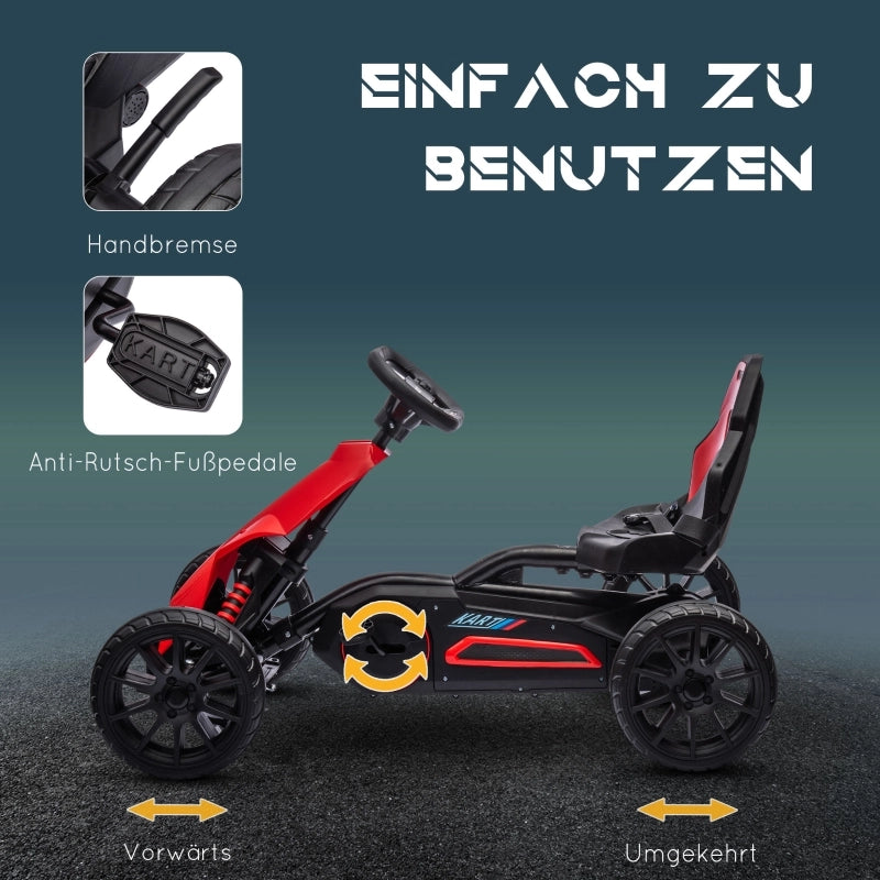 Go-kart per bambini, veicolo a pedali con sedile regolabile e freno a mano, adatto a bambini dai 3 agli 8 anni, ideale per divertirsi all'aria aperta.