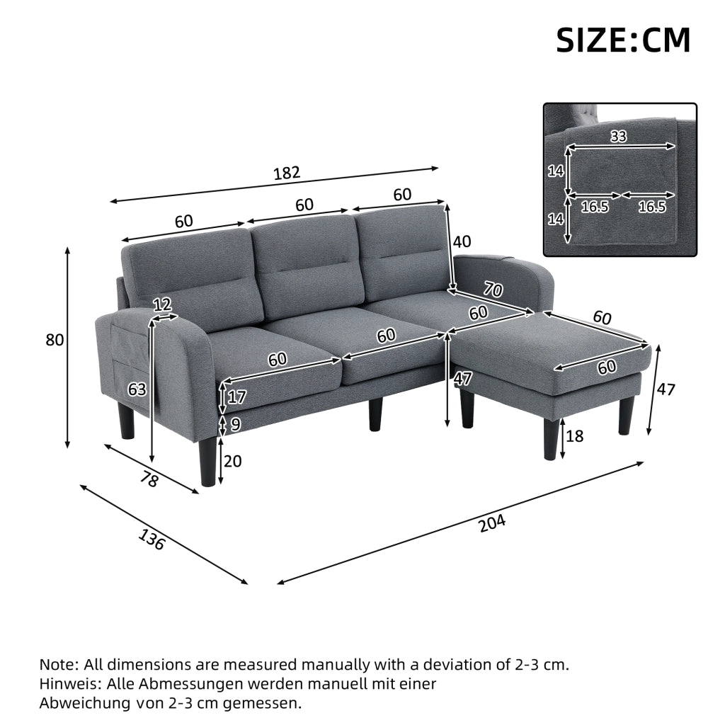 DIVANO Angolare a L 204x136x80 cm Tessuto Grigio 3 Posti con Chaise Longue