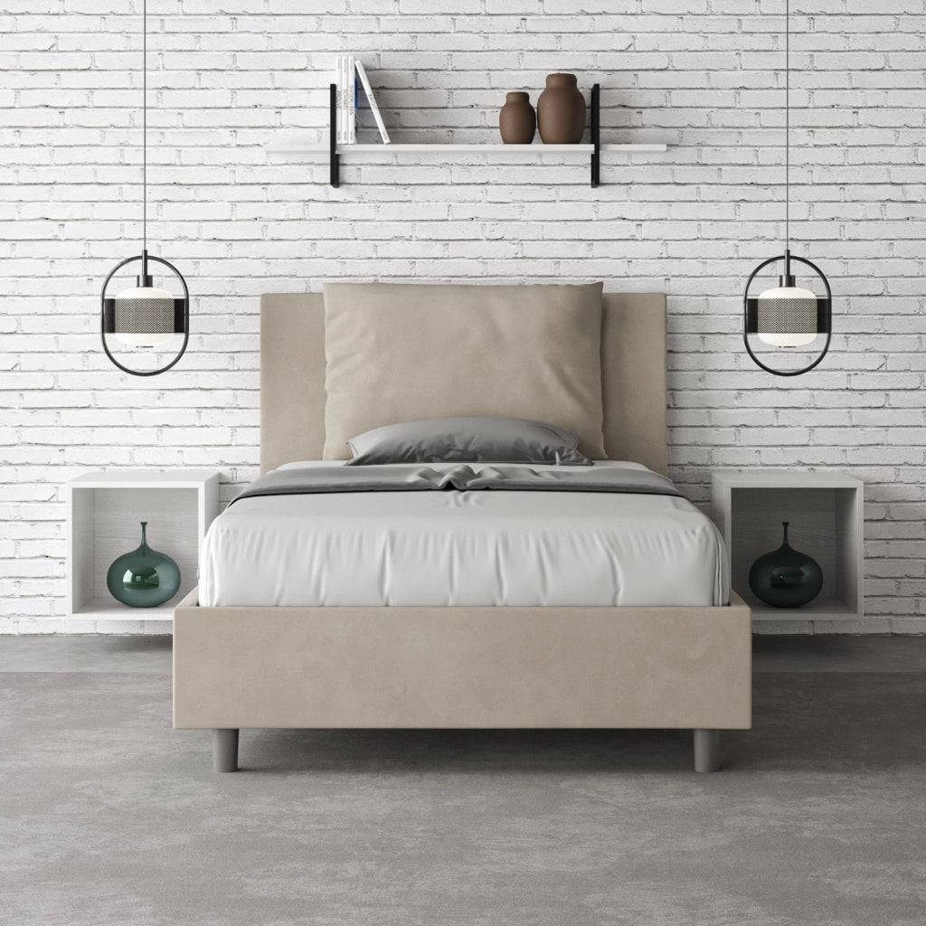 BS COM Letto singolo senza rete imbottito 100x200 microfibra sabbia
