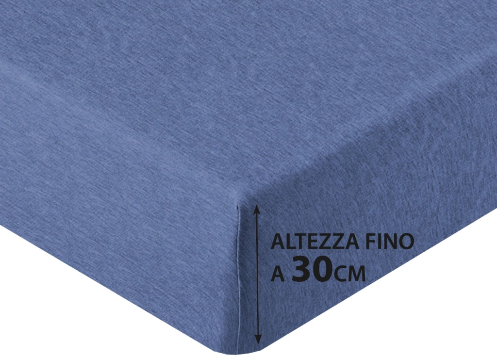 Lenzuola Sotto Con Angoli No Stiro In Tinta Unita Melange Modello Jersey - 1 Piazza - Blu