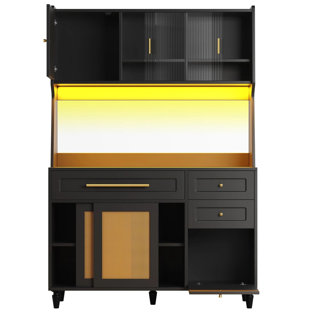 Credenza alta con LED, 3 cassetti e ripiani regolabili 120x45x195,5 cm nera