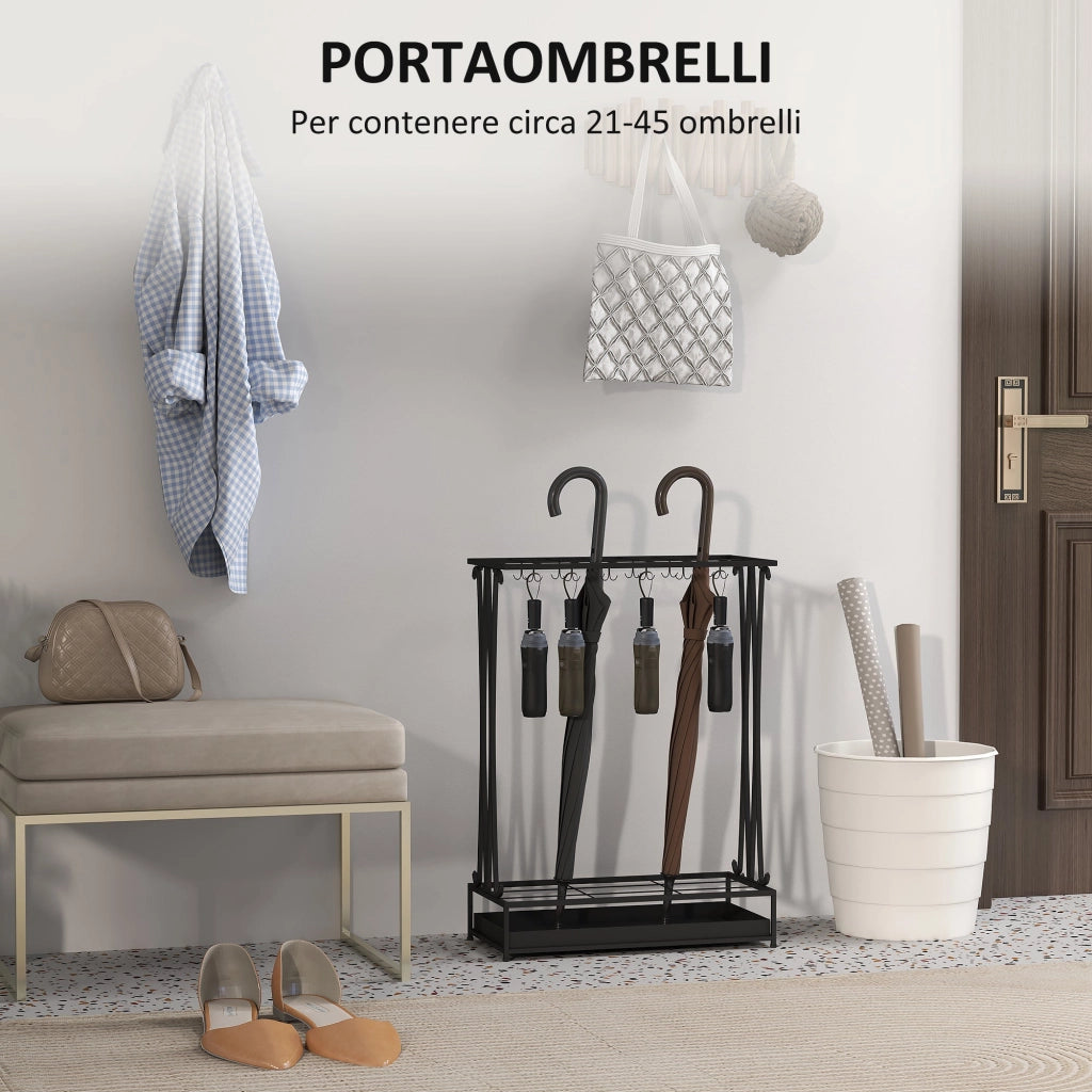 Portaombrelli 50x24x68 cm con Vaschetta per l'Acqua 21 Fori e 24 Ganci in Acciaio Nero