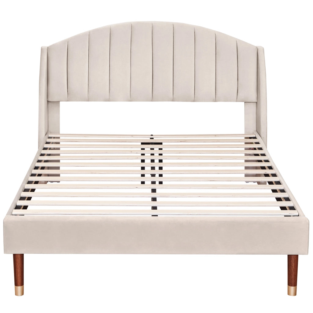 DESMIU Letto Matrimoniale Imbottito 2 Posti con Testiera Imbottita, Struttura Stabile, 140 × 190 cm, Senza Materasso, Beige