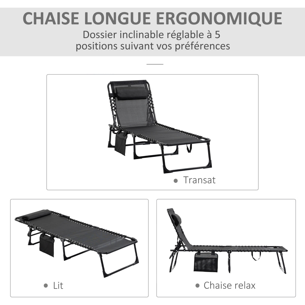 Chaise Longue Relax con Schienale Regolabile e Testiera Rimovibile ¨C Minimal ¨C Nero 189x58x30 cm