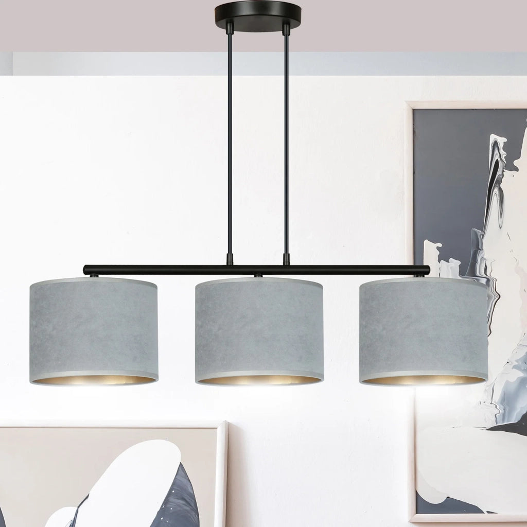 Lampadario 3 Luci Ganesha In Acciaio Nero E Paralumi In Tessuto Grigio