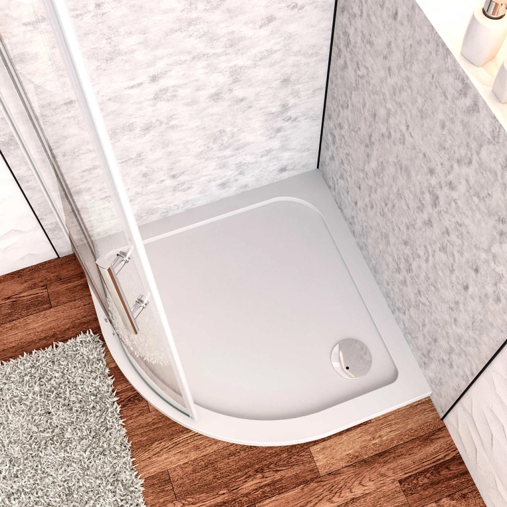 Piatto Doccia Semicircolare 90x90cm Bianco Spessore di 3 cm in Pietra Artificiale e Resina Minerale Mista Piletta Extra Piatta Sottile e Tubo inclusi