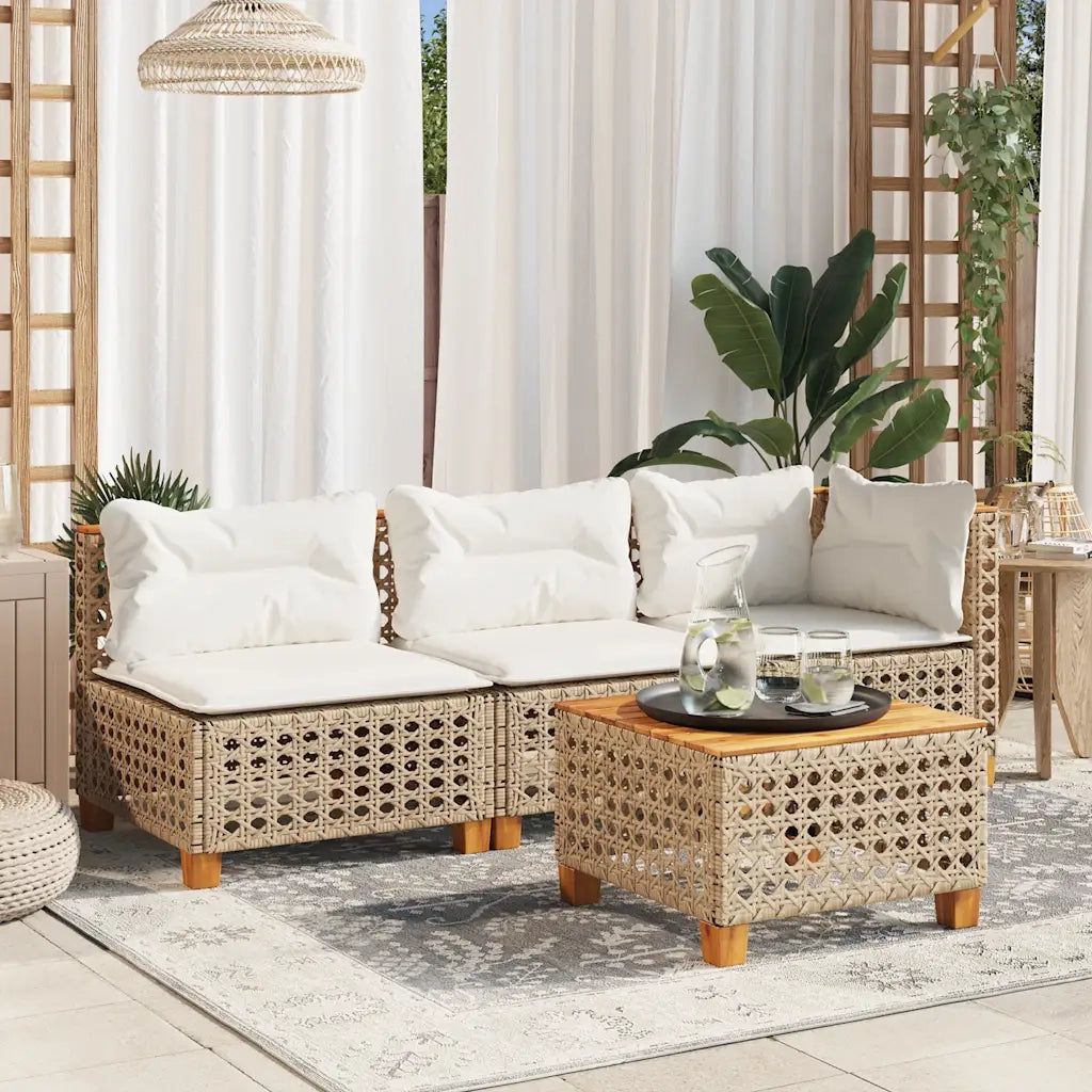 Divano Giardino Senza Braccioli con Cuscini Beige in Polyrattan