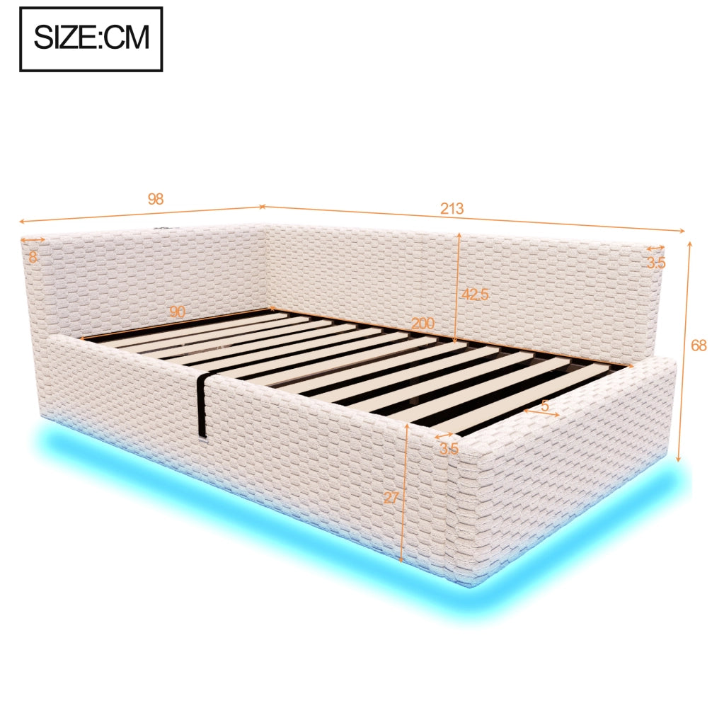 Letto imbottito 90x200 cm con vano contenitore, LED e porte USB/Type-C