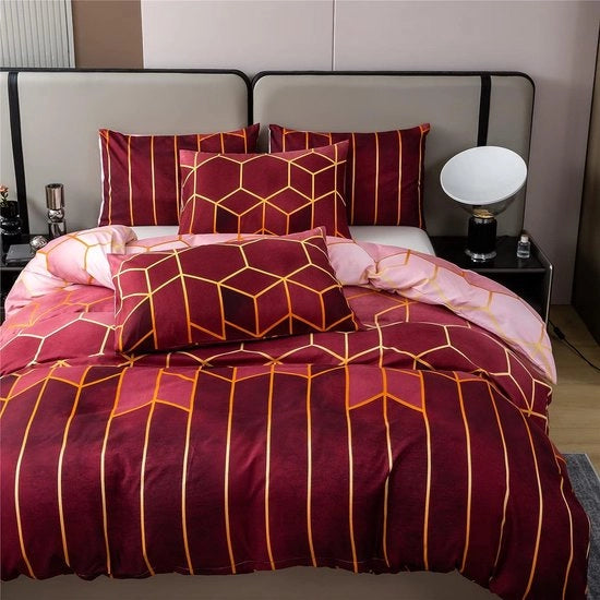 Set di coperte da letto 3 pezzi, 200 x 200 cm, con disegno di marmo geometrico, comprensivo di 2 cuscini in cotone di 80 x 80 cm, con chiusura a zip, colore vino.