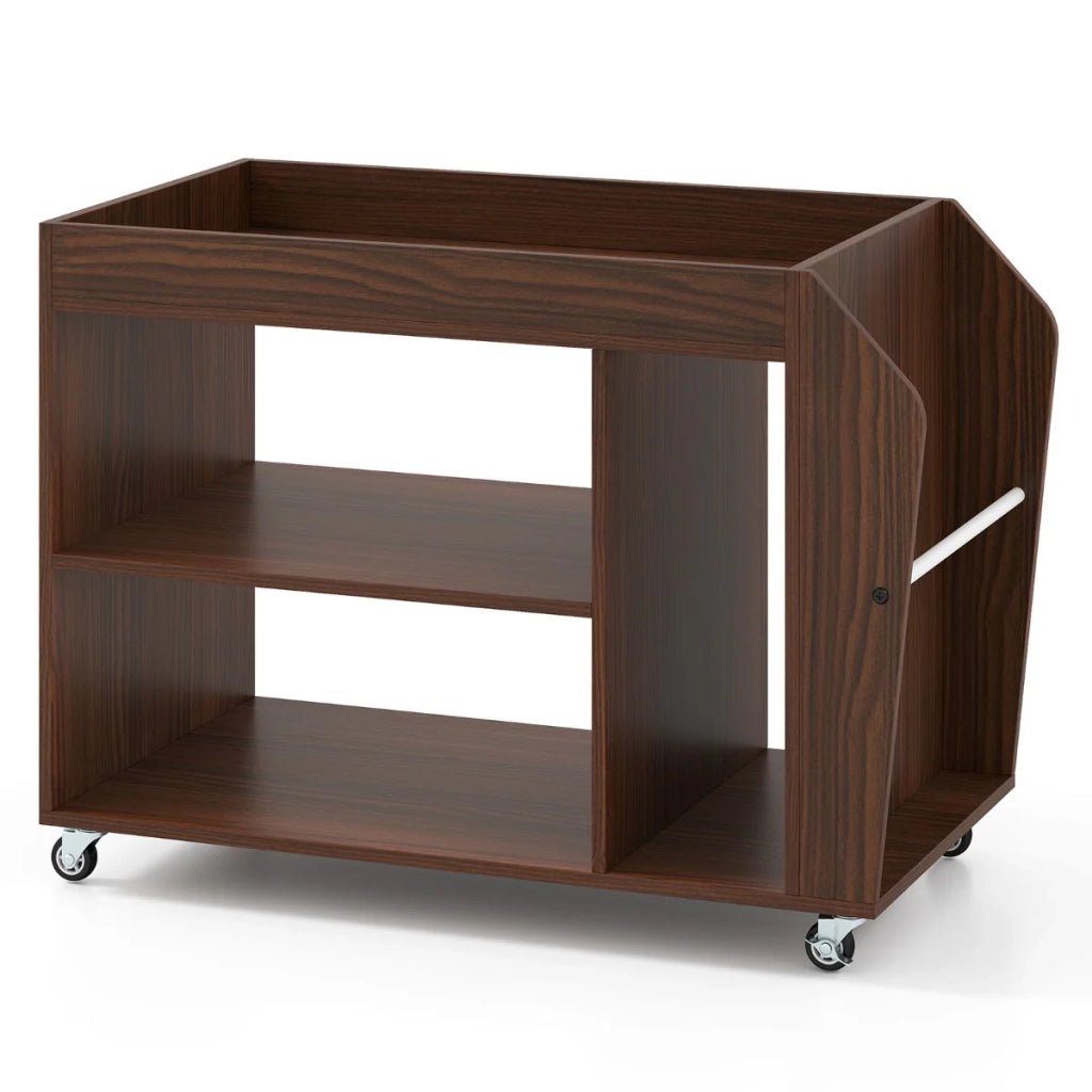 Tavolino laterale con rotelle 76 x 39,5 x 55 cm con vano portaoggetti laterale e ruote bloccabili in legno di noce 20_0014060