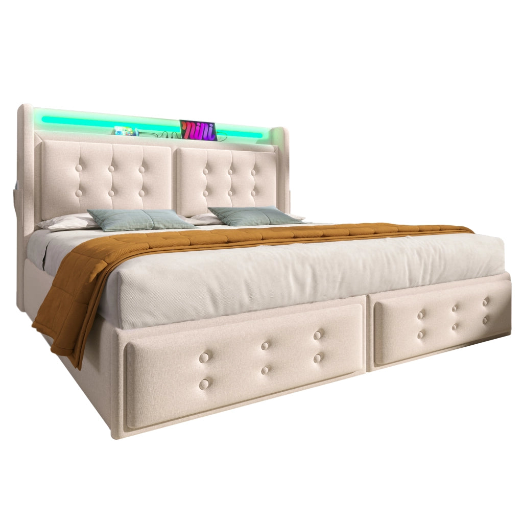 Letto imbottito 140x200 - Zephmum - Testiera in pelle, USB-C, idraulico, rete in legno/metal, 300kg, Beige, Cotone