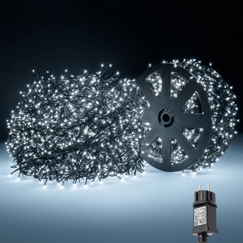 Catena luminosa natalizia con 4000 led luce bianca fredda 100mt di catena 36V cavo verde decorare il Natale spazi esterno interno albero e balconi con 8 giochi