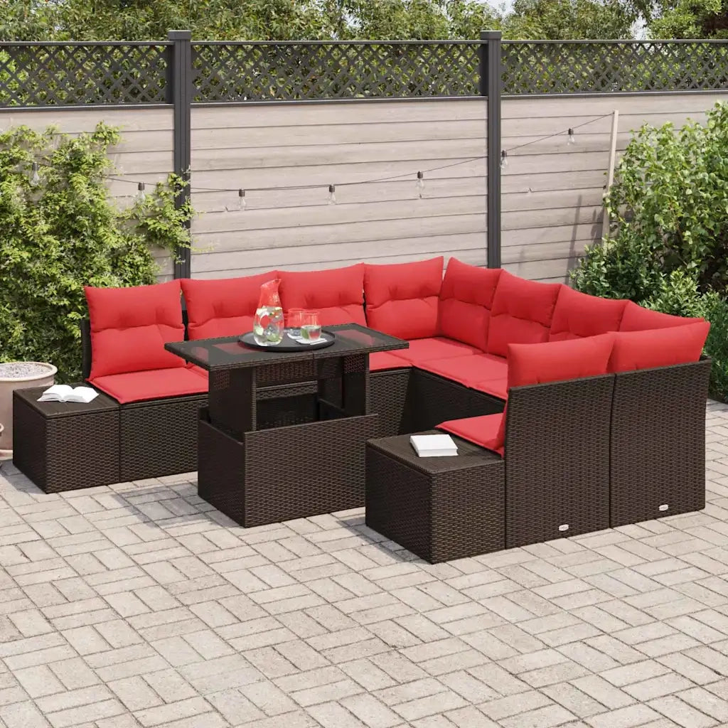 Set Divano da Giardino 9 pcs Marrone e Rosso polyrattan 3349160