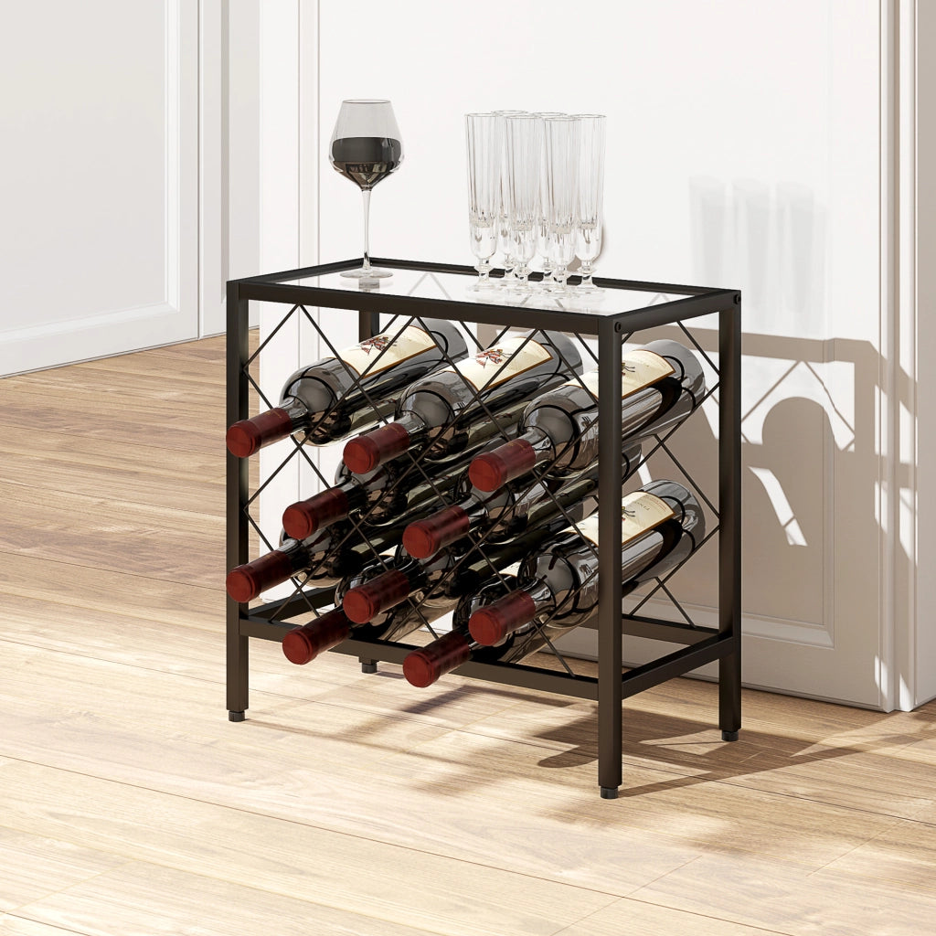 Portabottiglie Vini per 10 Bottiglie in Acciaio Nero con Piano d'Appoggio in Vetro Temperato, 41x22x41 cm