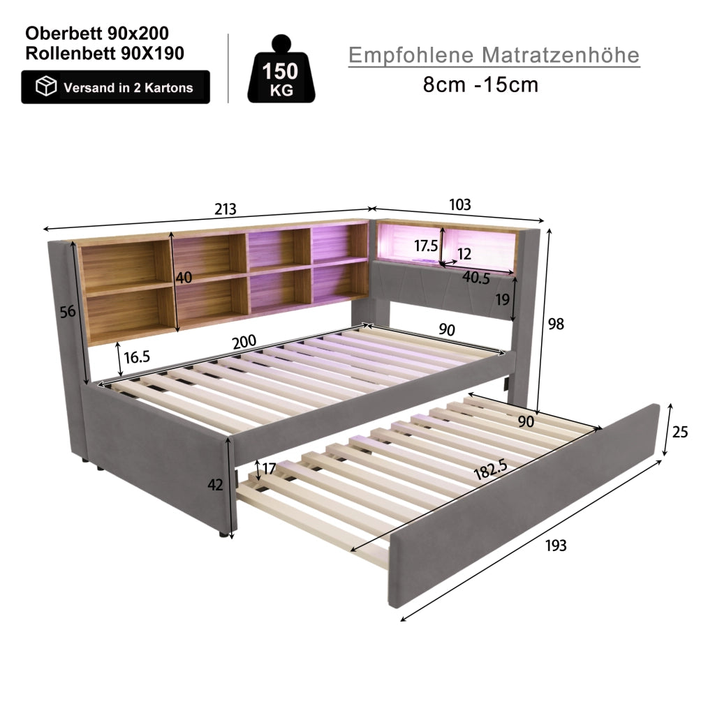 Divano letto multifunzione con letto estraibile 90x200 cm; LED; USB; Type-C; grigio scuro