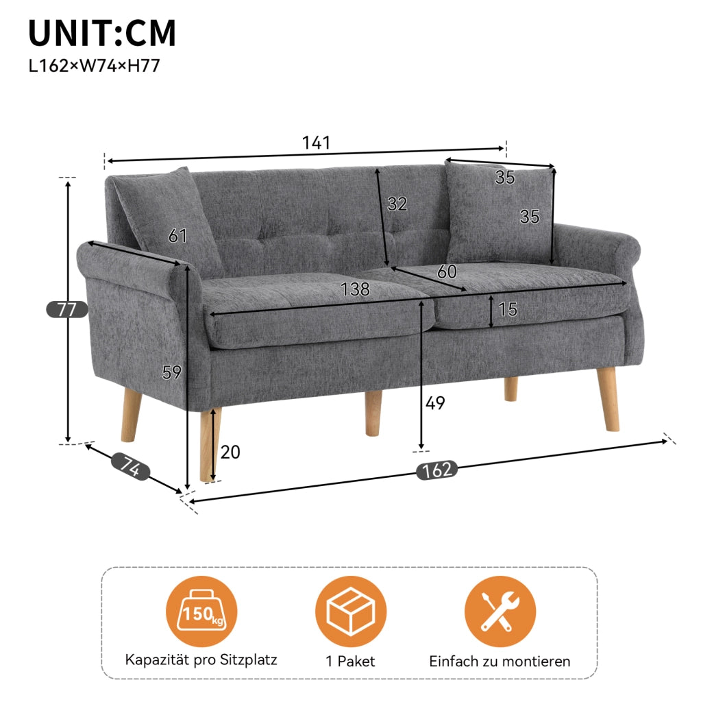 Divano a 2 posti 162x74x77 cm con cuscino spesso in chenille grigio
