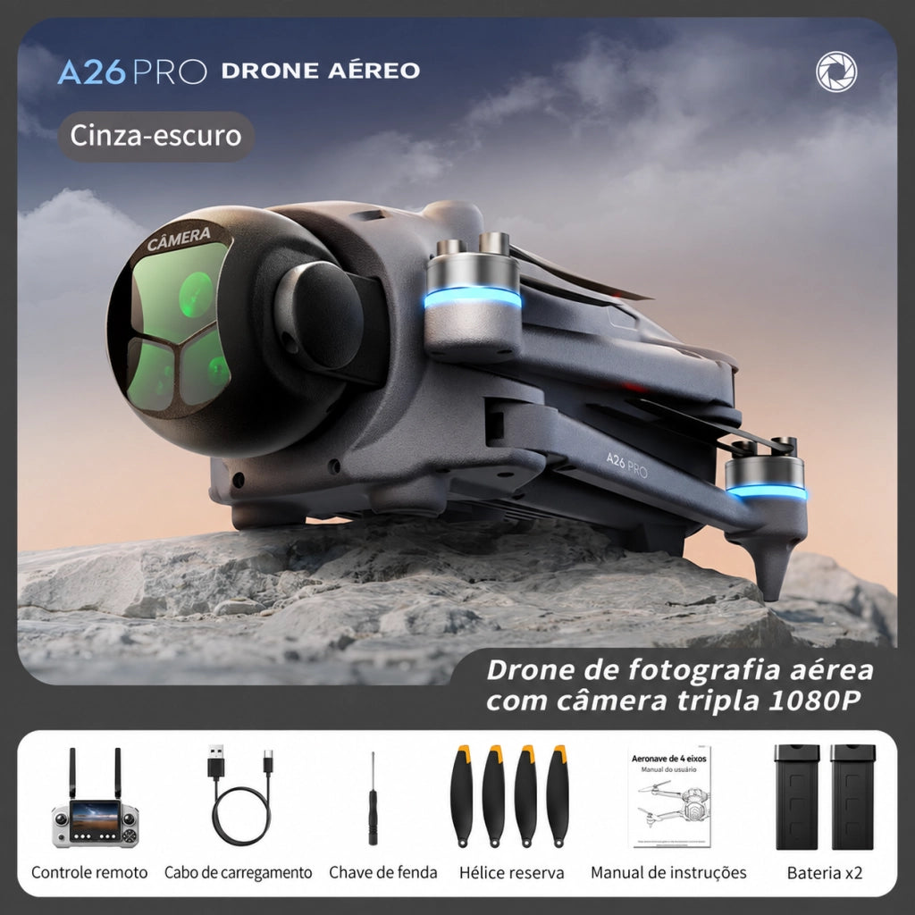Drone pieghevole con telecamera A26PRO 1080P GPS 2 batterie 3.7V 2650mAh 40-44 min obiettivo 180 gradi evitatore ostacoli 248g 1000 m schermo 4.5 5V2A