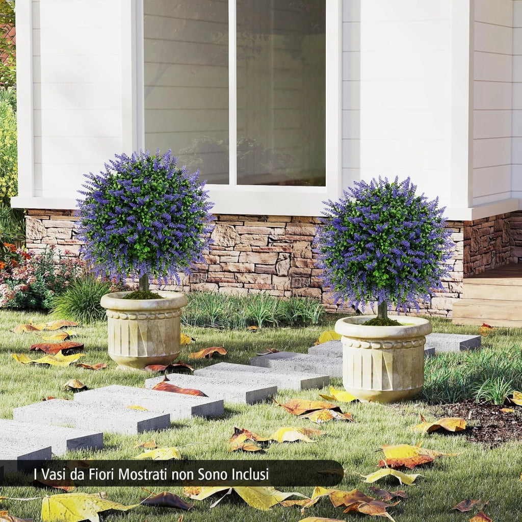 Set di 2 Alberi di Topiario Artificiale con Lavanda, Albero di Bosso Finto da 58 cm con Vaso Riempito di Cemento, Pianta Finta Resistente al Sole per Interni ed Esterni
