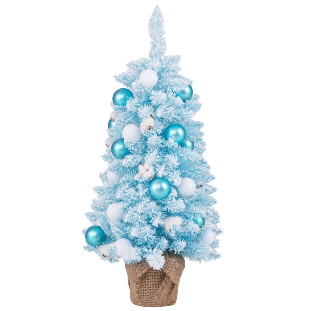 Albero di Natale artificiale mini da 90cm con 12 palline di cotone naturale, Albero da tavolo decorato Blu e bianco