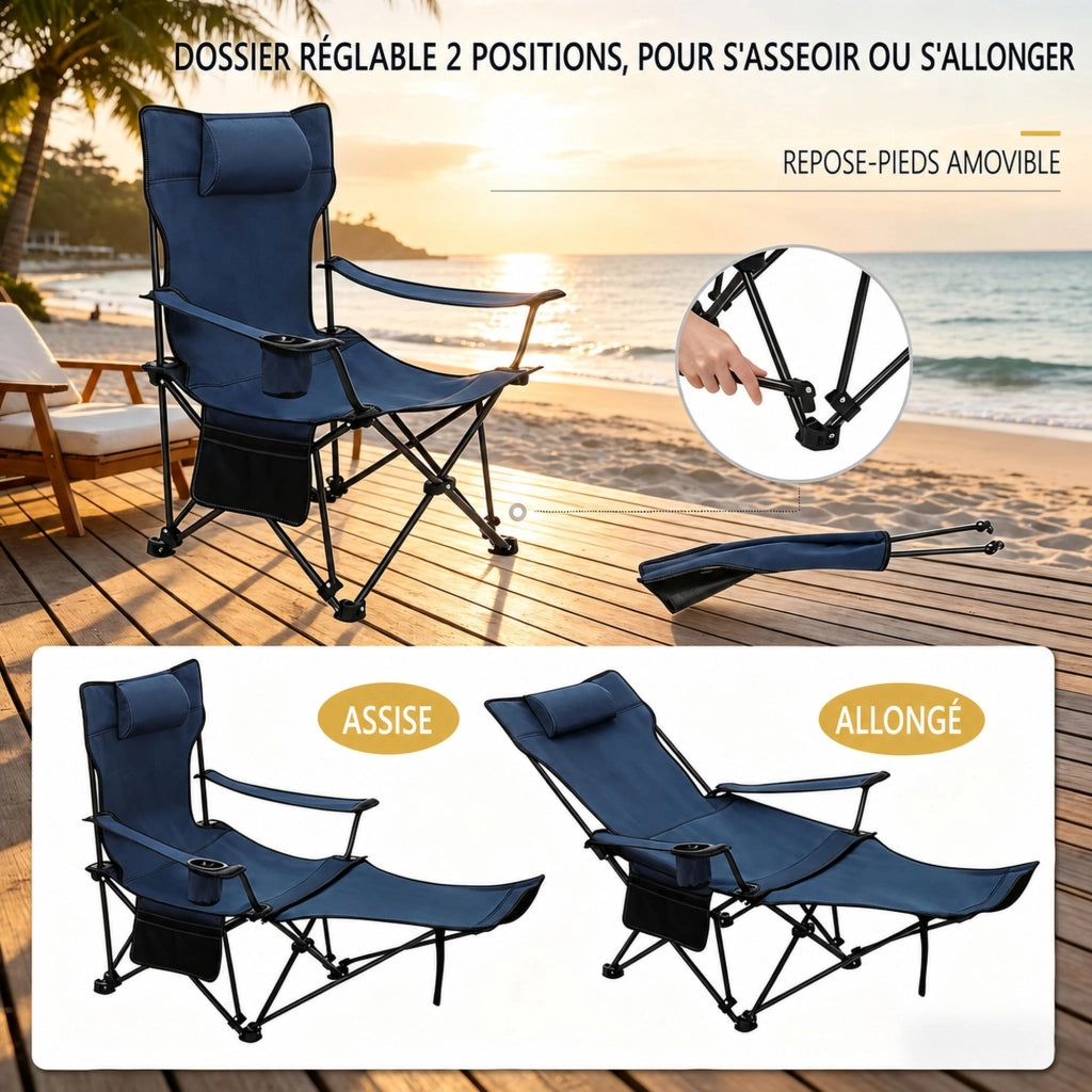 Sedia da campeggio pieghevole con poggiapiedi estraibile, schienale regolabile, portabicchieri, 150 kg, blu