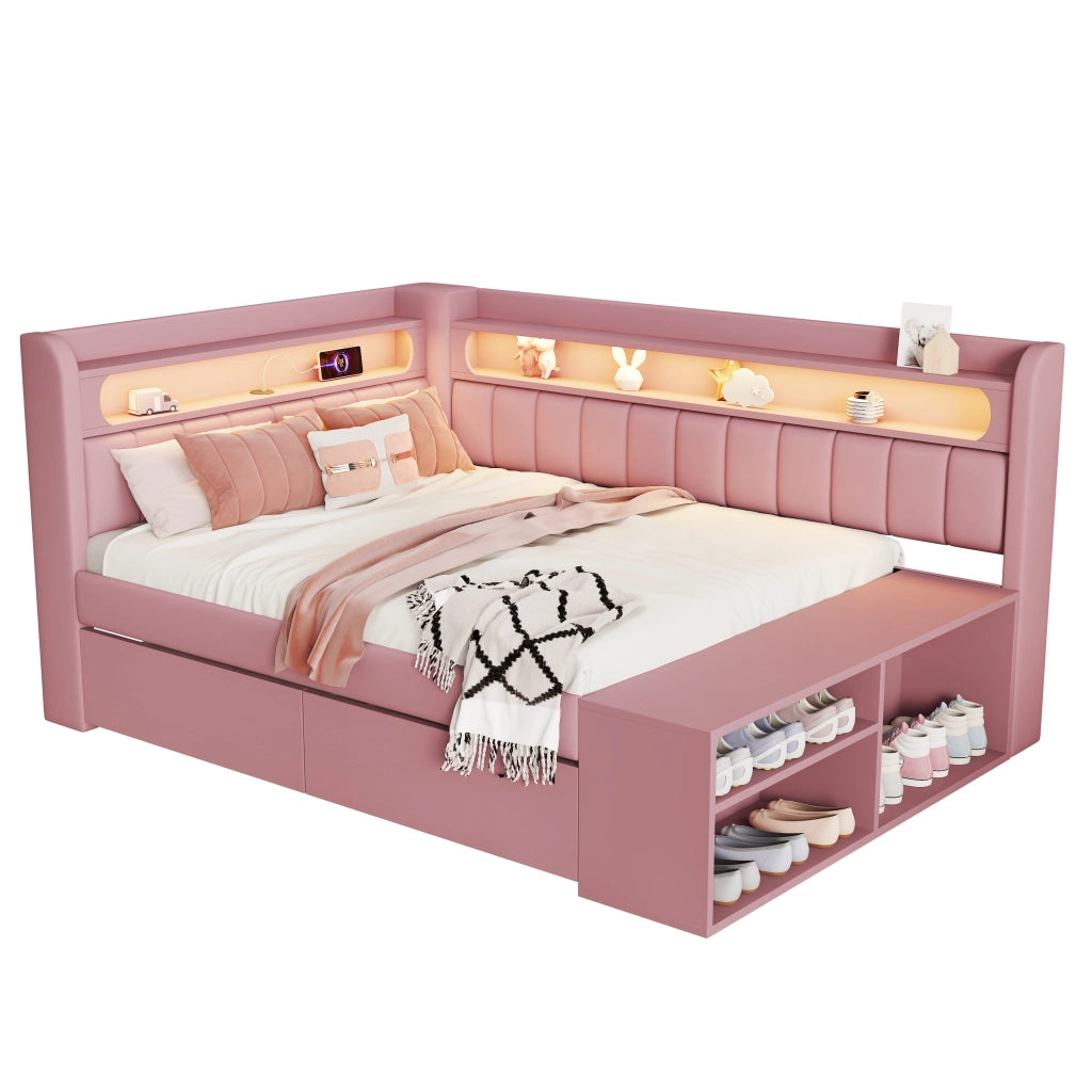 Divano Letto con LED, USB, Contenitore e Cassetti ¨C MINIMAL ¨C Rosa 90x200