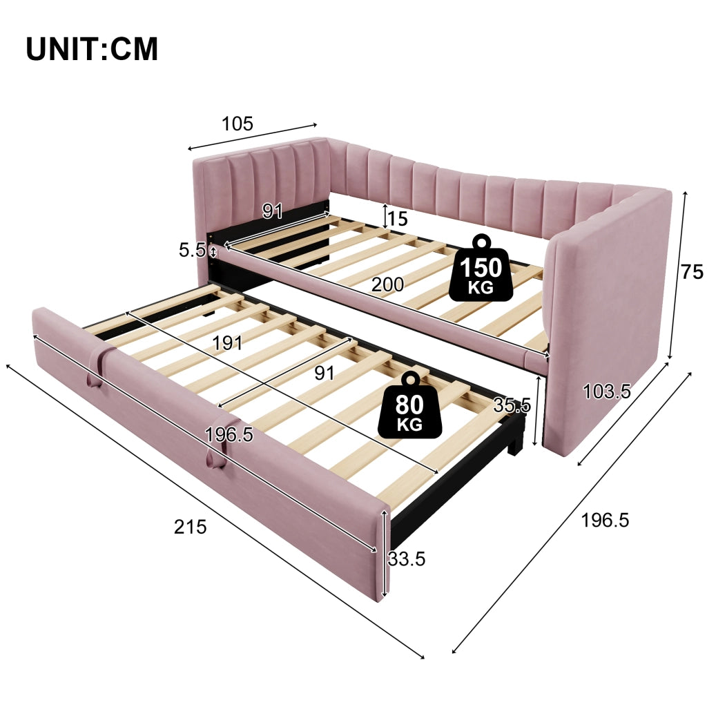 LETTO con letto estraibile 90x200 cm Velluto Rosa