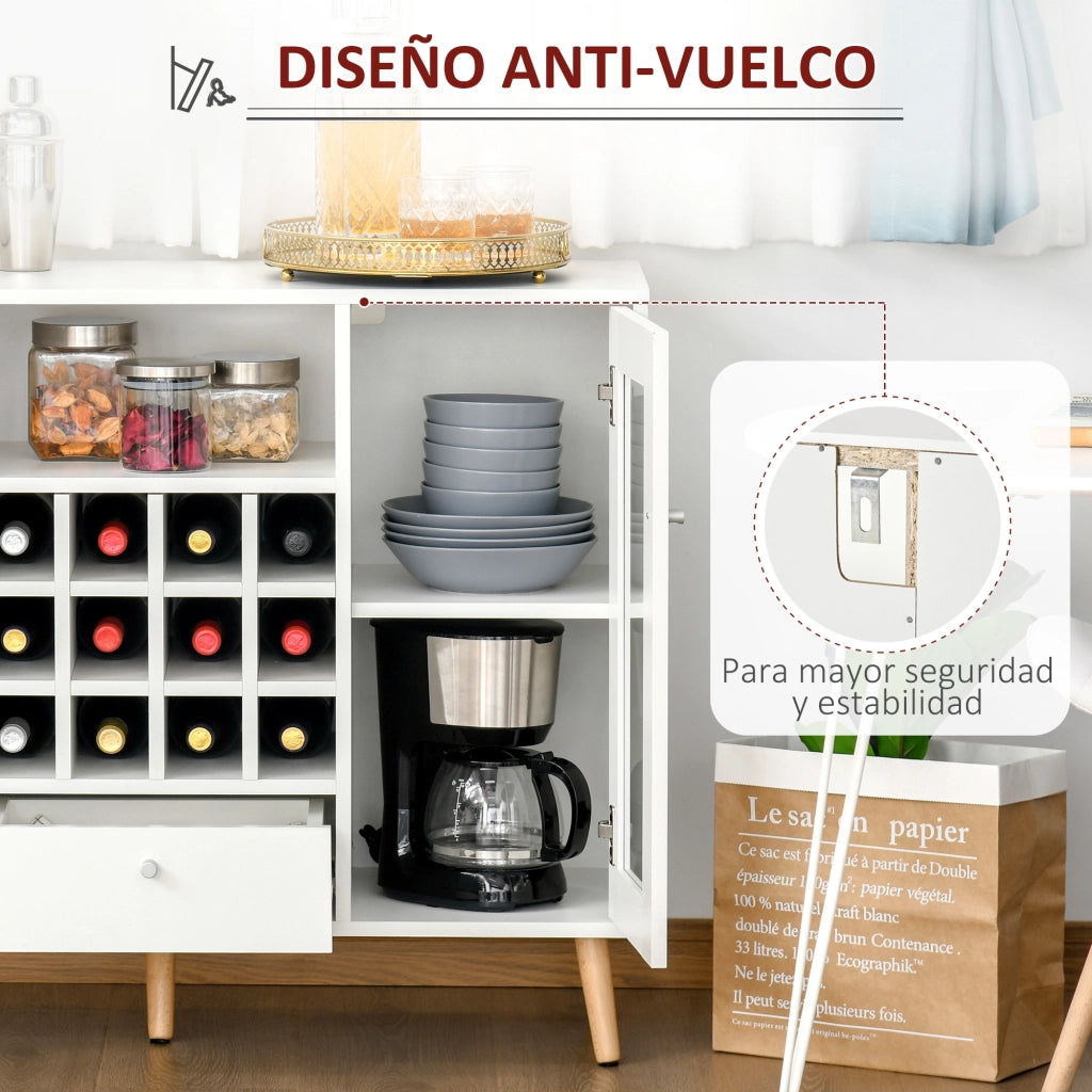 Credenza da cucina con portabottiglie cassetto ripiano e 2 ante in vetro ¨C Xylo ¨C Bianco 100x33x80 cm