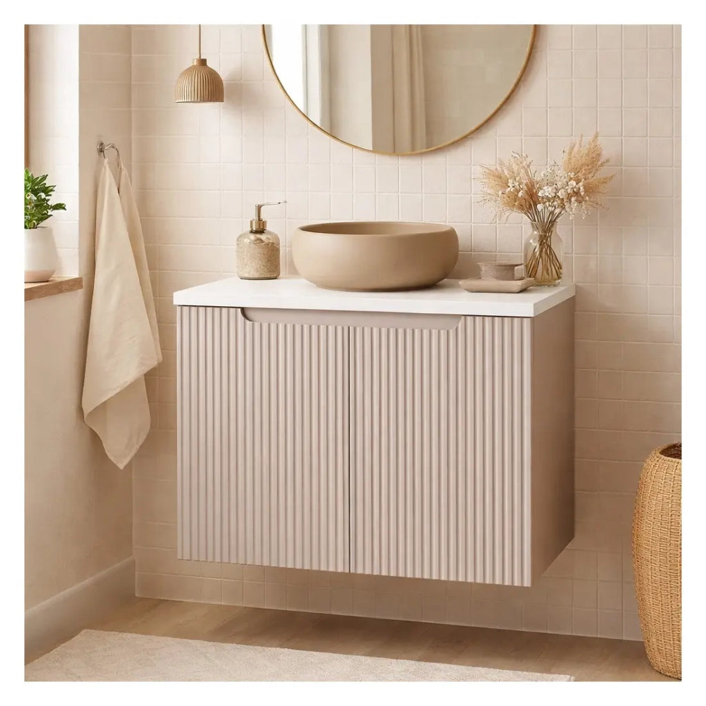 Insieme VANO cachemire e bianco 60cm: mobile sotto lavabo con armadietti + piano per lavabo + lavabo da appoggio marrone cappuccino