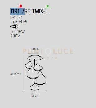 SOSP. OTTONE SATINATO 5 LUCI TONDA VETRI (2 X PICCOLO RU + 1 X PICCOLO ZA + 1 X GRANDE RU + 1 X GRANDE ZA) 1191OS-S5 TMIX-ZR