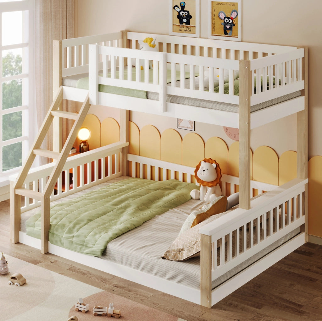 Letto a castello in legno 90x200 cm + 140x200 cm con scala e sponde