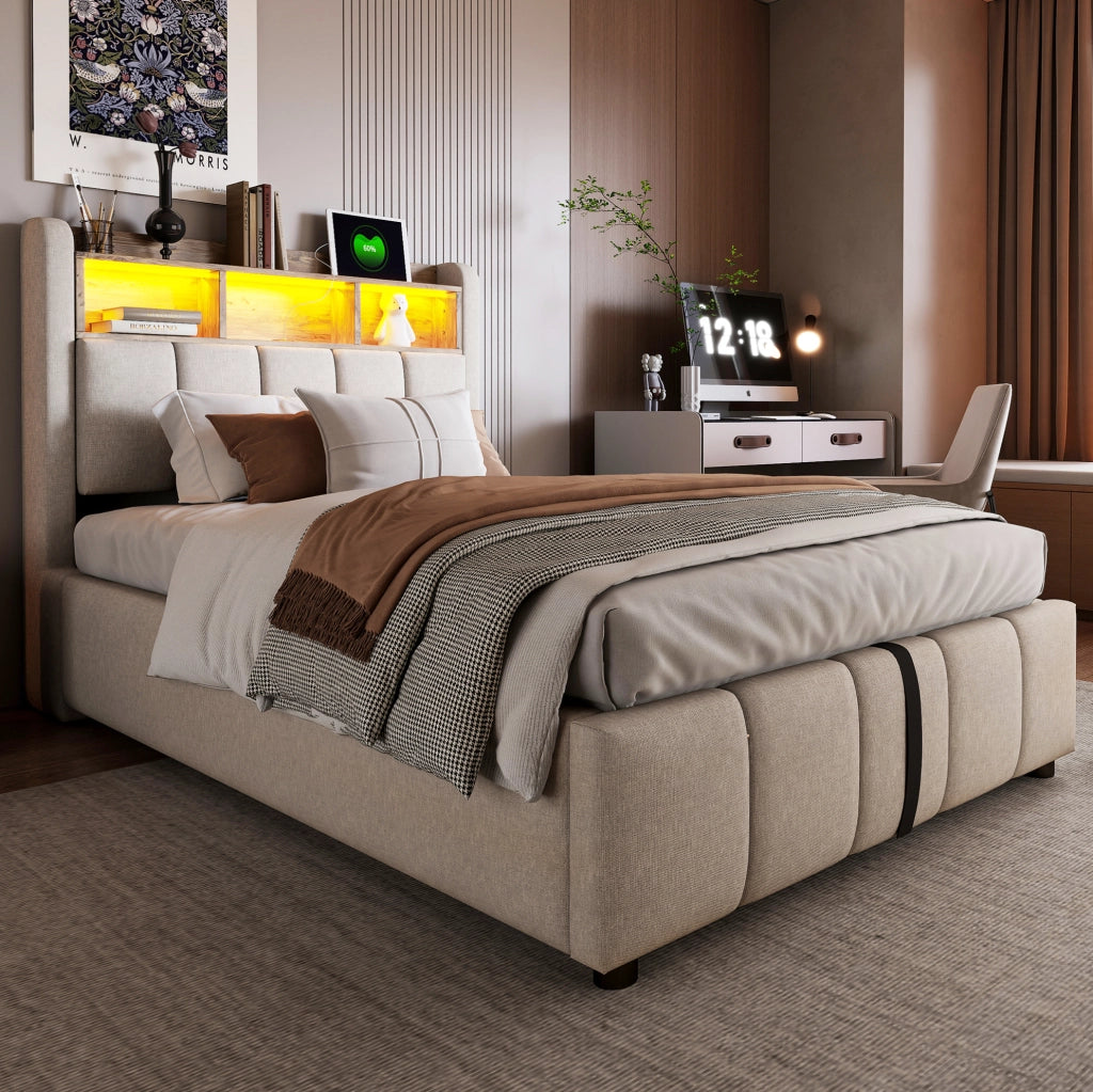 Letto imbottito 90x200 cm con LED, USB e vano contenitore