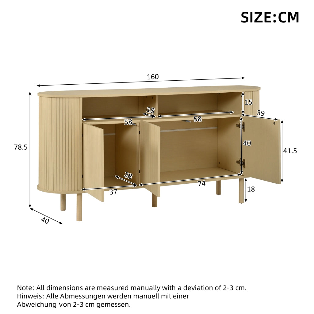 Credenza a tre ante, mobile da ingresso, ripiani a vista, gambe in legno massello, 160 x 40 x 78.5 cm, color legno naturale