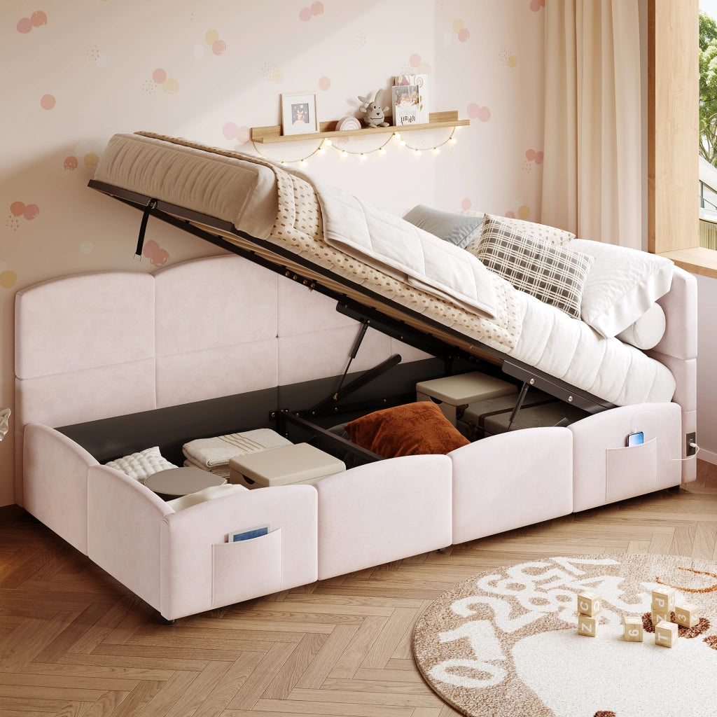 LETTO Contenitore 90x200 cm in Velluto Rosa