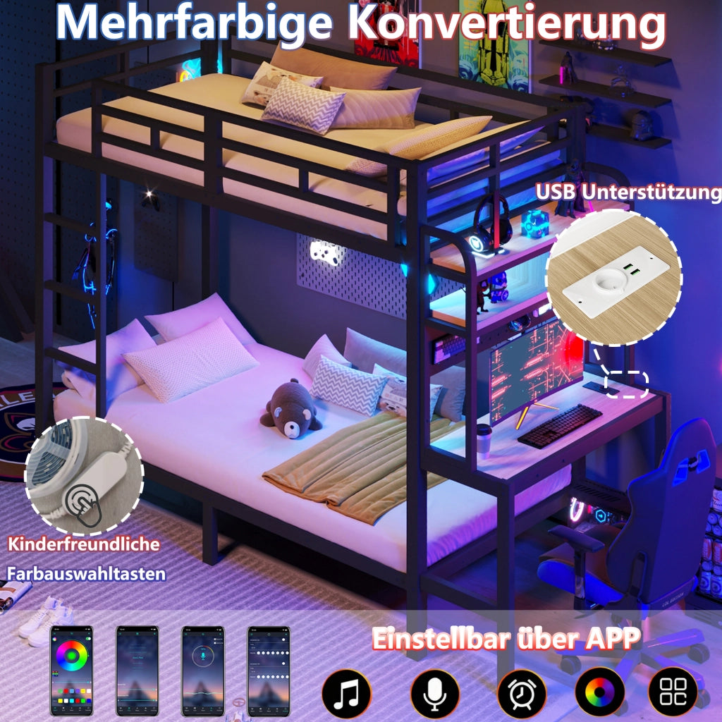 LETTO A CASTELLO 90x200 cm Metallo Nero con scrivania, LED e USB